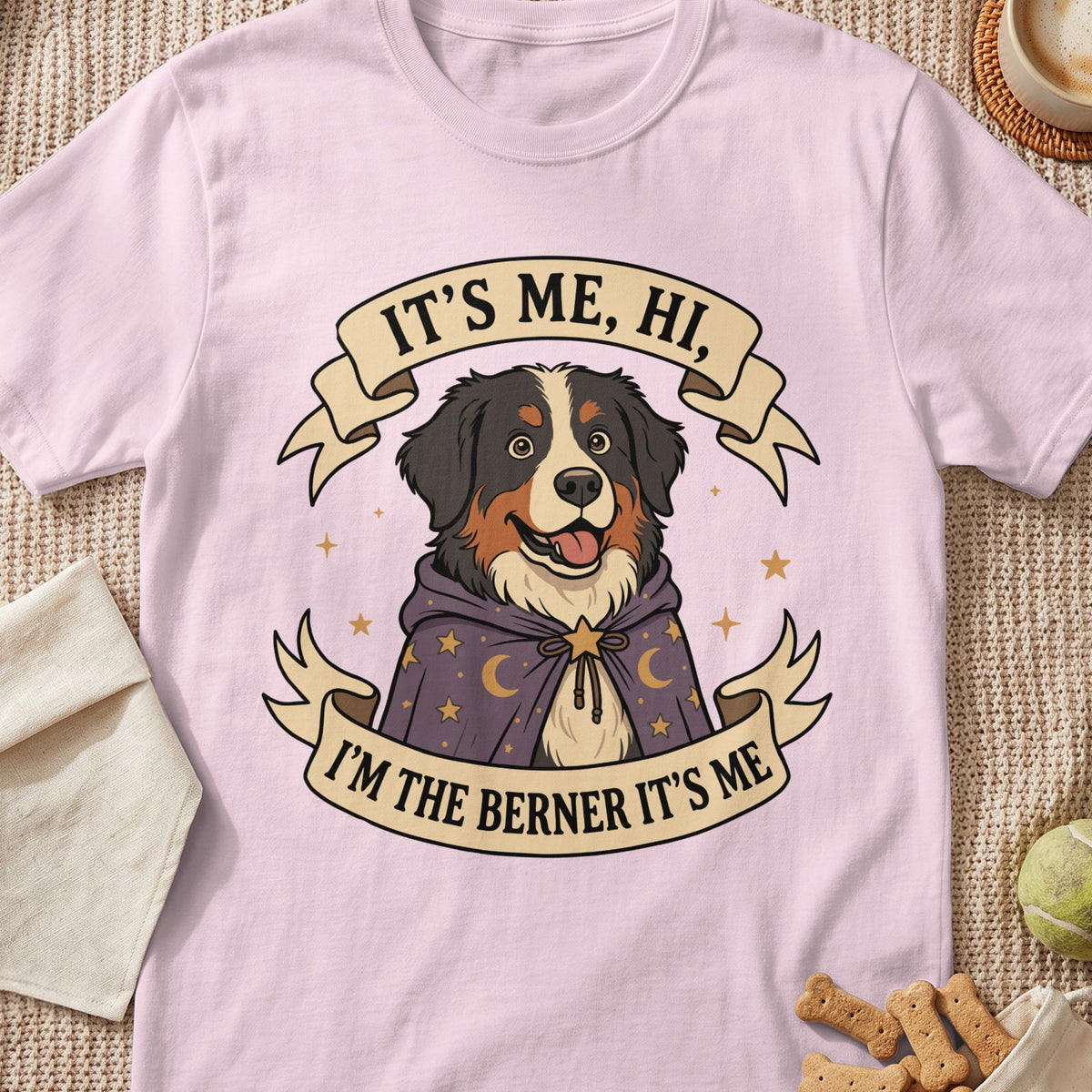 Bernese Mountain Dog wearing a wizard cape with text "IT'S ME, HI, I'M THE BERNER IT'S ME".