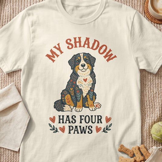 Bernese Mountain Dog with "MY SHADOW HAS FOUR PAWS" text and heart designs.