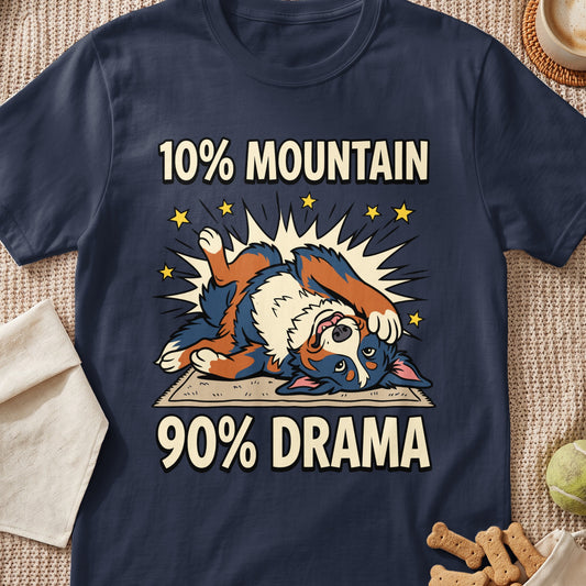Navy blue t-shirt featuring a cartoon of a Bernese Mountain Dog lying down with text reading 10% mountain 90% drama.