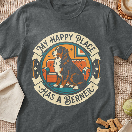 Dark gray t-shirt with graphic: "My Happy Place Has A Berner" and a Bernese Mountain Dog.