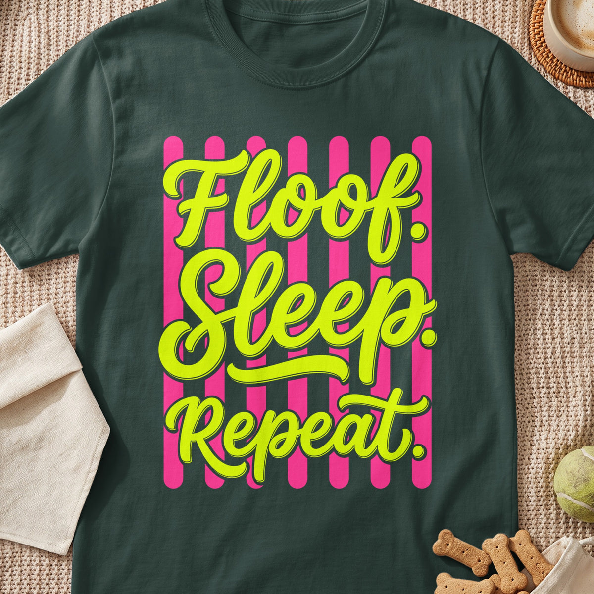 Dark grey t-shirt with neon green text "Floof Sleep Repeat" over pink stripes.
