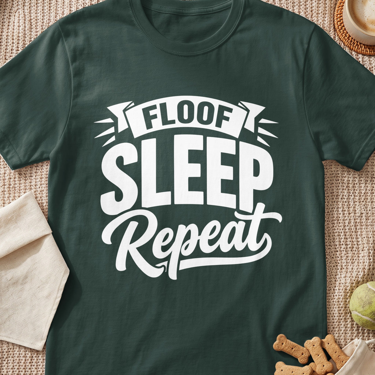 Dark green t-shirt with white text reading "Floof Sleep Repeat".