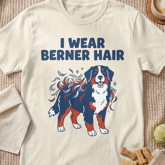 Bernese Mountain Dog illustration with text "I WEAR BERNER HAIR" on a t-shirt.