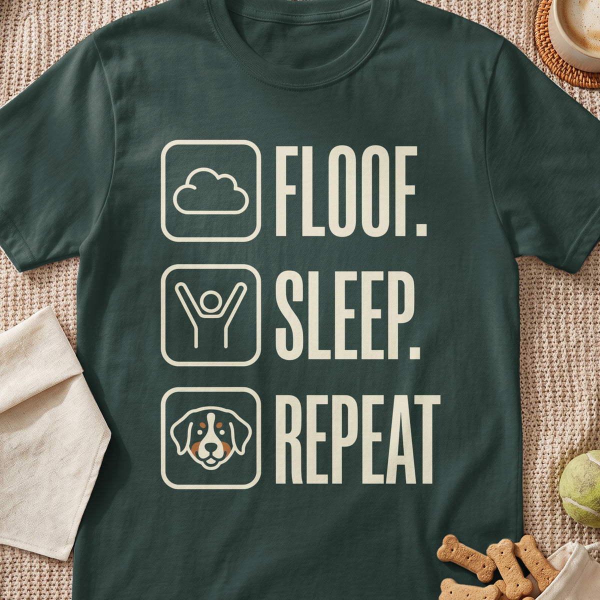 Dark green t-shirt with text "Floof. Sleep. Repeat." and icons.