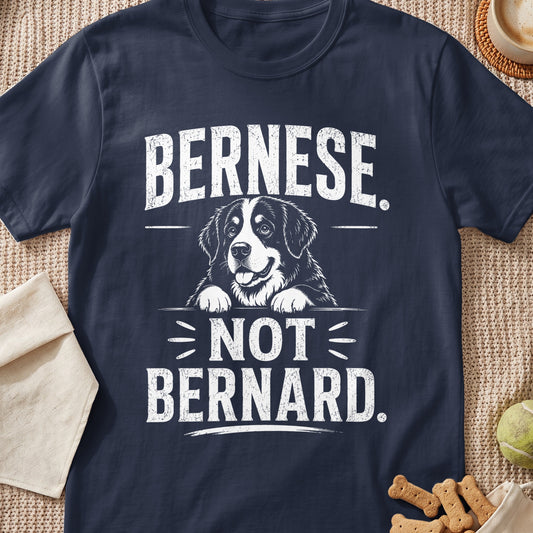 Bernese Not Bernard dog design on a dark blue t-shirt.