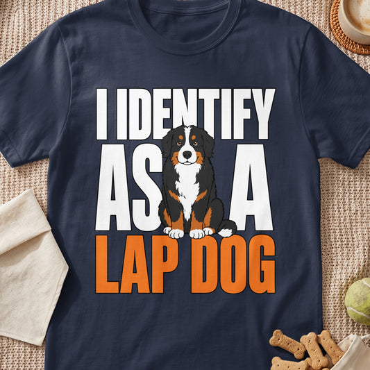 Navy t-shirt with white text "I IDENTIFY AS A" and a Bernese Mountain Dog illustration.