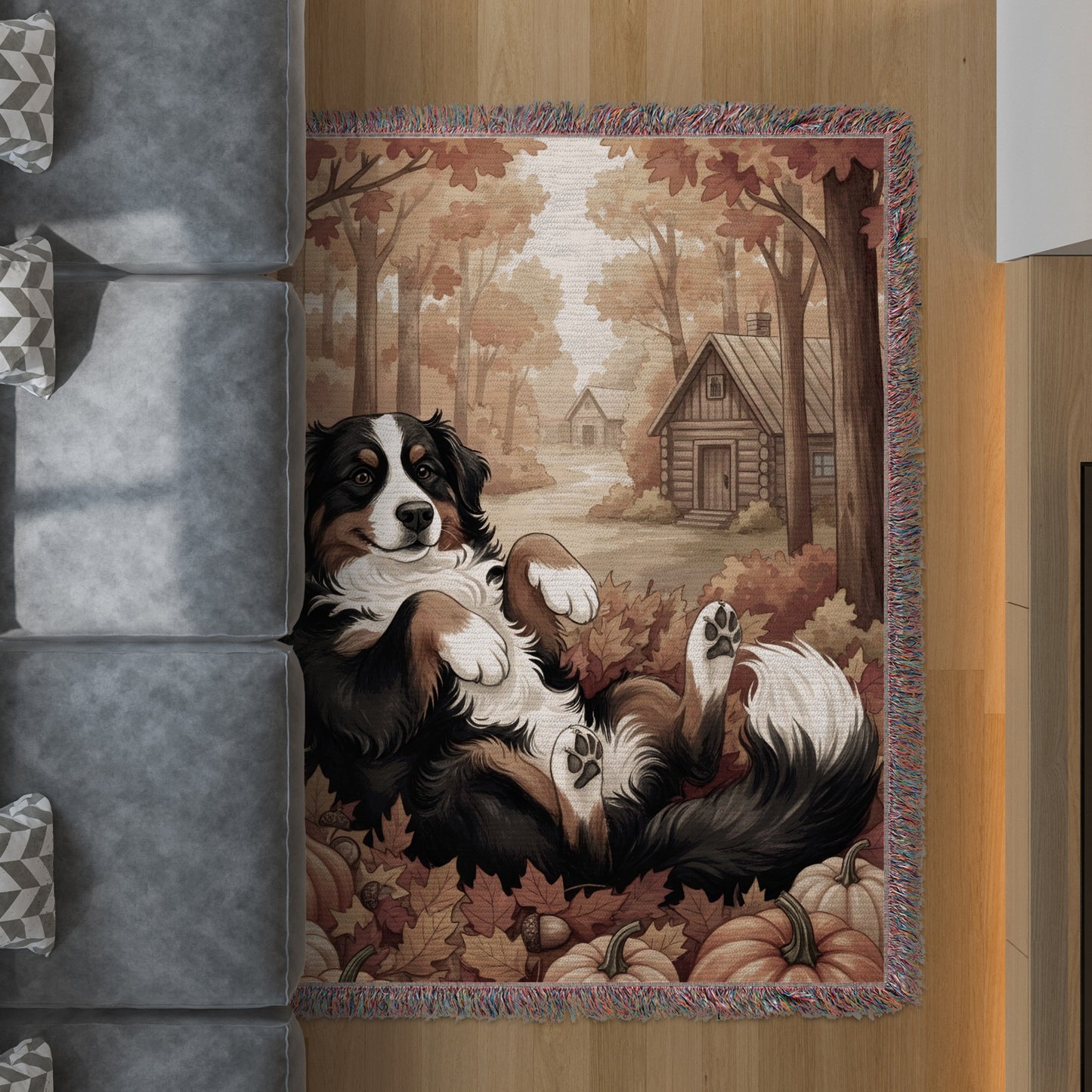 Cozy Autumn Cabin Fall Scene With Dog Rug