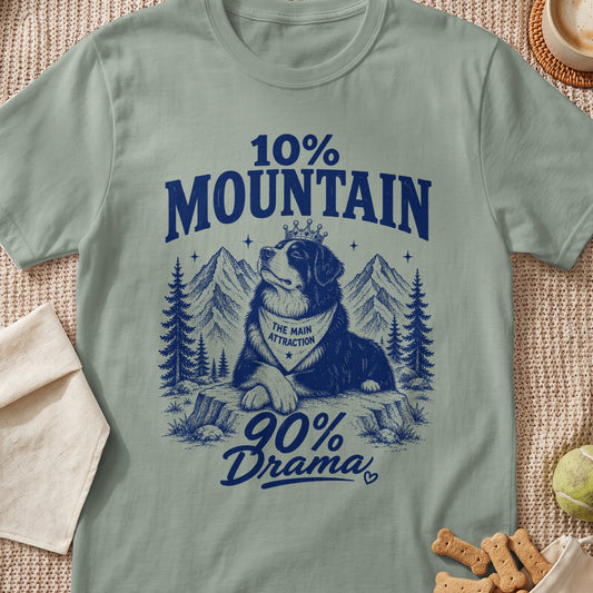 T-shirt graphic with dog wearing crown, bandana, and text "10% Mountain 90% Drama".