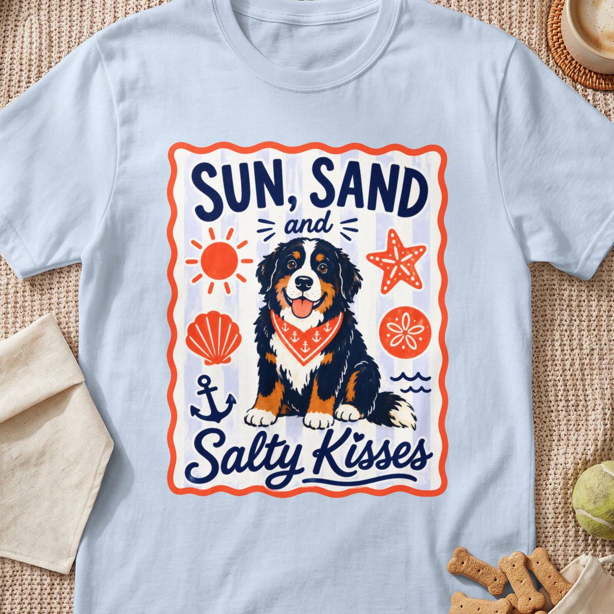 Bernese Mountain Dog with bandana and text "Sun, Sand, and Salty Kisses".