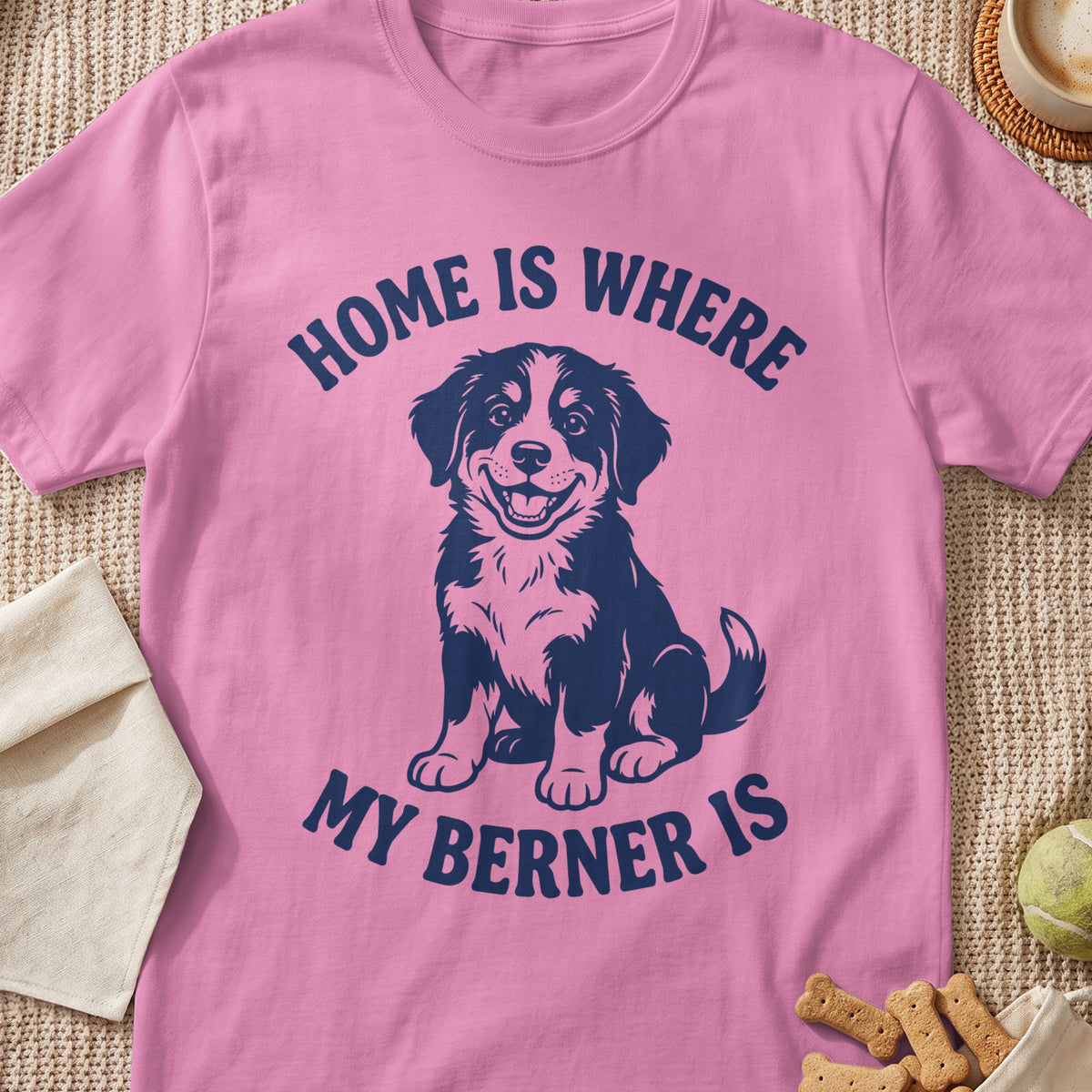 Pink t-shirt with dark blue text and a Bernese Mountain Dog graphic.