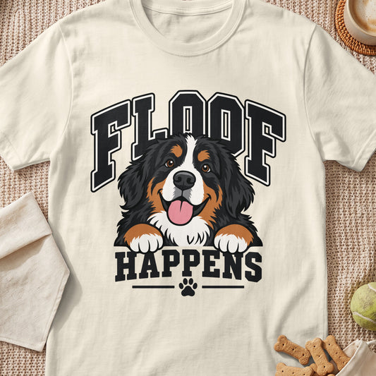 Bernese Mountain Dog graphic with text "FLOOF HAPPENS" on a cream t-shirt.