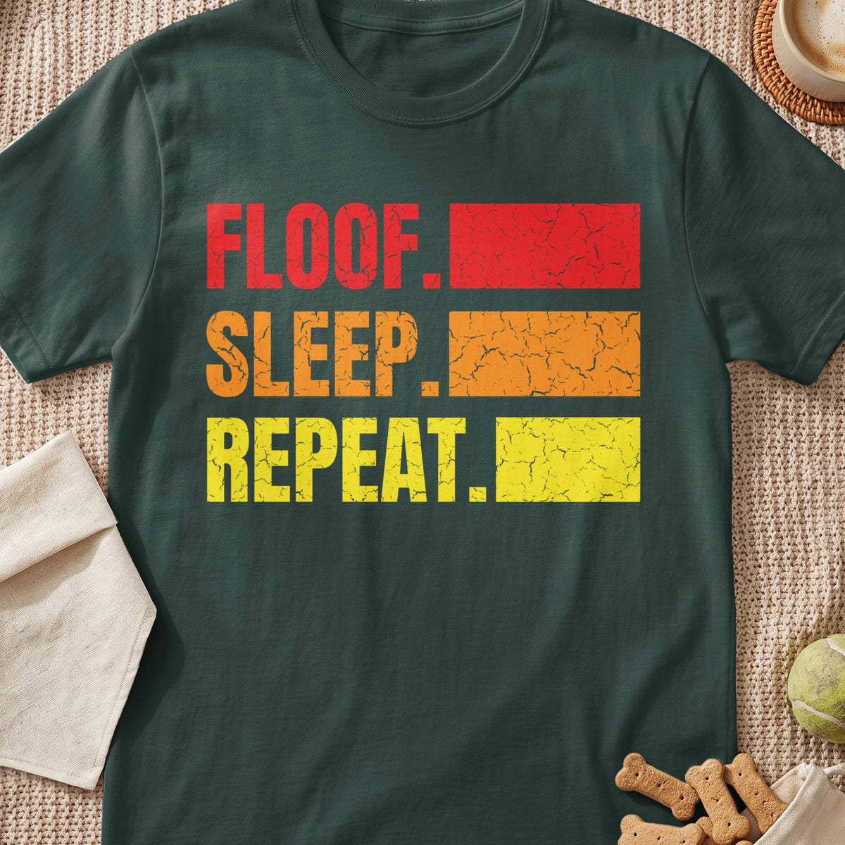 T-shirt with text "FLOOF. SLEEP. REPEAT." in distressed red, orange, and yellow blocks.