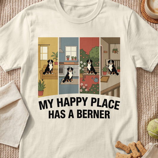 Bernese Mountain Dog in four domestic scenes, text "My Happy Place Has a Berner".