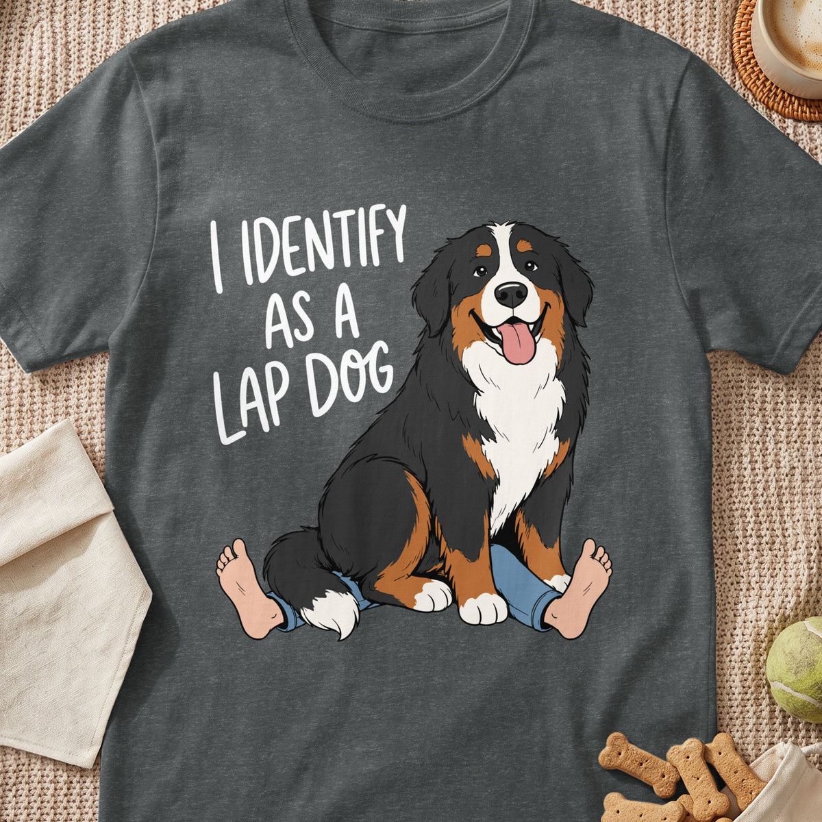 Bernese Mountain Dog on t-shirt with text "I IDENTIFY AS A LAP DOG".