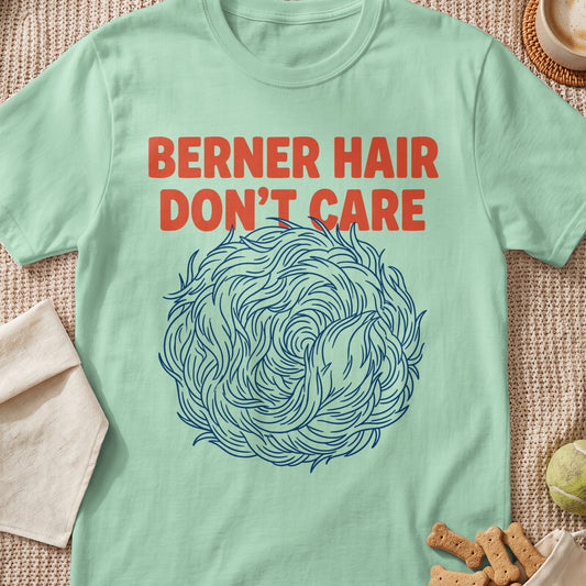 Mint green t-shirt with "BERNER HAIR DON'T CARE" text and a blue furry ball design.