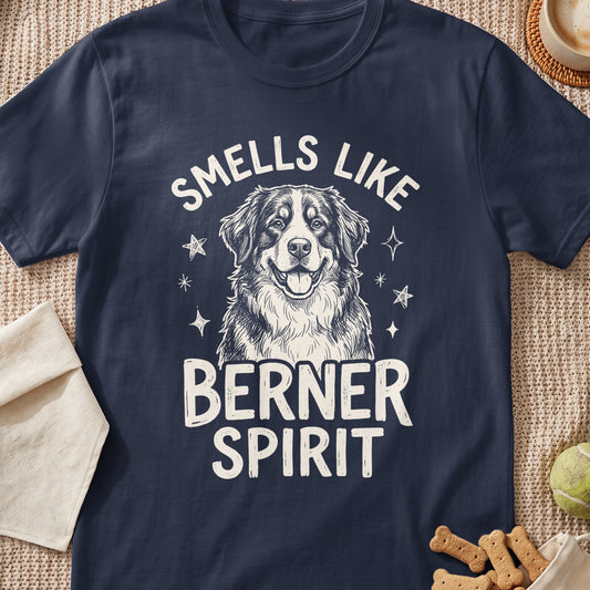 Dark blue t-shirt with a sketch of a Bernese Mountain Dog and the text "Smells Like Berner Spirit."