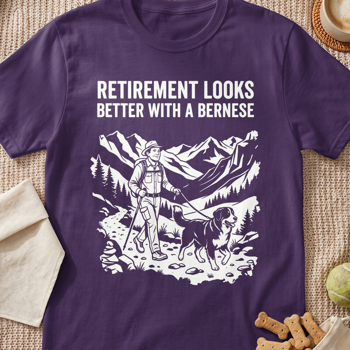 "Retirement Looks Better With A Bernese" text over hiking scene with dog.