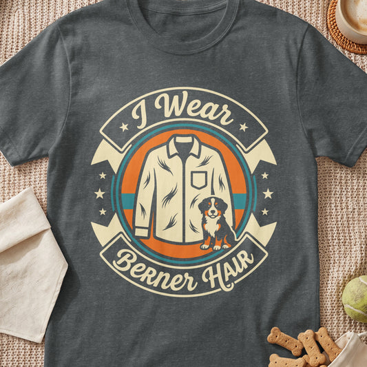Bernese Mountain Dog shirt with text "I Wear Berner Hair" and a cartoon dog.