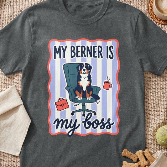 Bernese Mountain Dog sitting in office chair with text "My Berner is my boss".