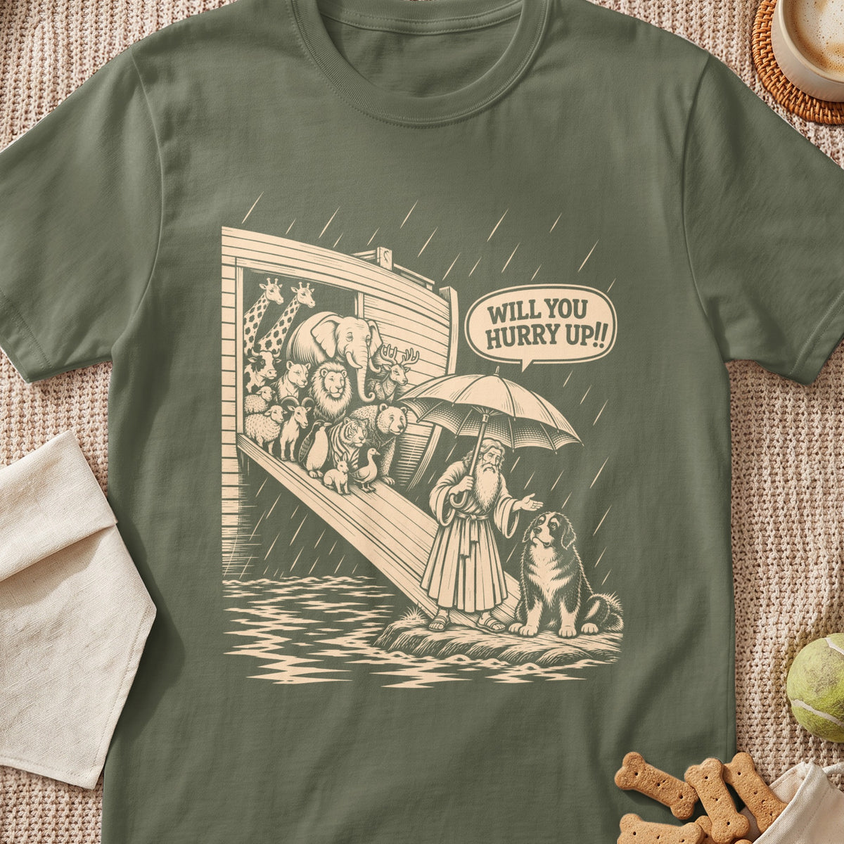 Noah's Ark with animals and a man holding an umbrella, text "Will You Hurry Up!!".
