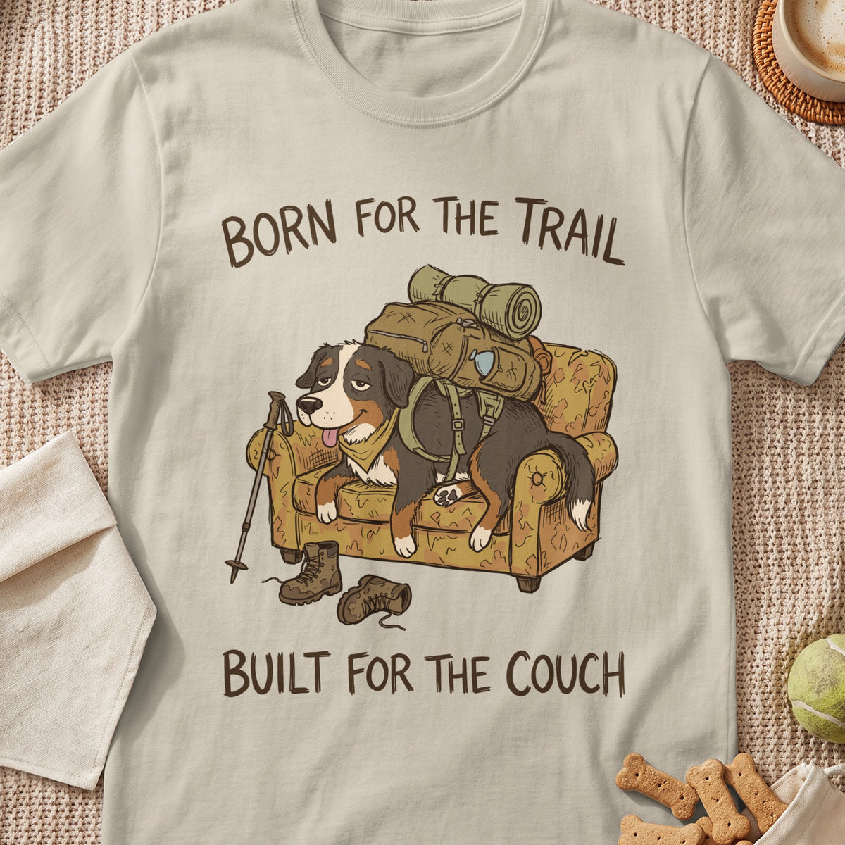 Bernese Mountain Dog with backpack on couch, text "Born for the Trail, Built for the Couch".