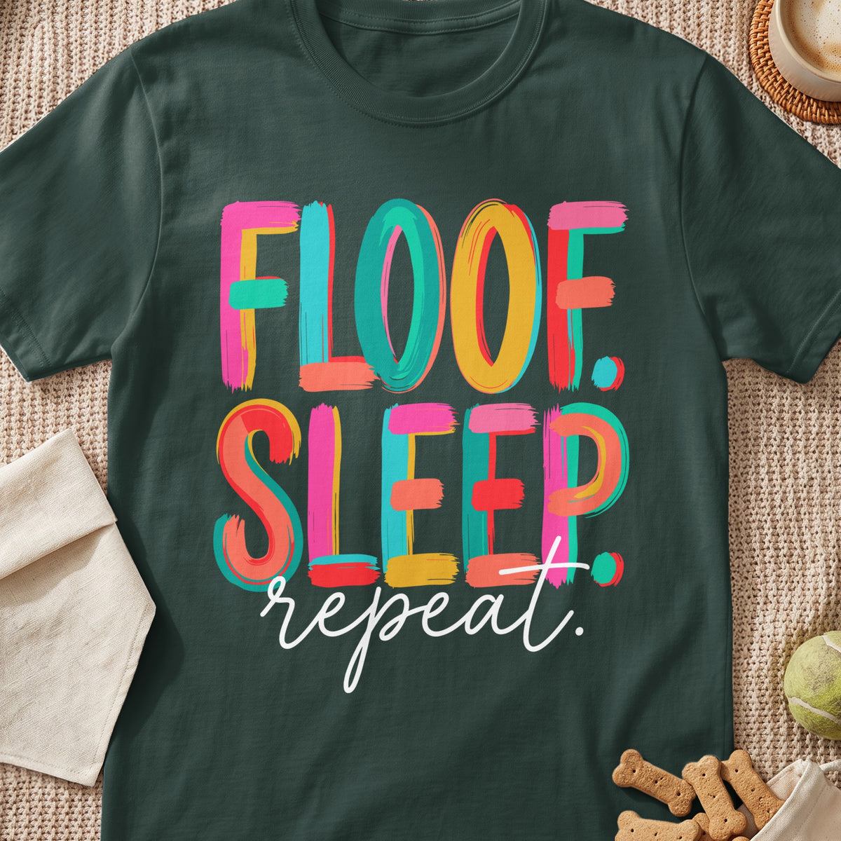 Dark green t-shirt with colorful "Floof. Sleep. Repeat." text.