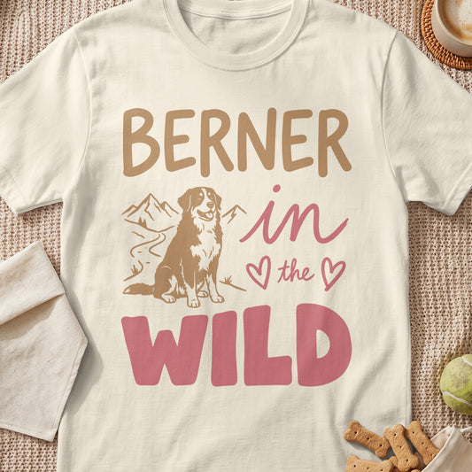 Cream t-shirt with "BERNER in the WILD" text and a Bernese Mountain Dog illustration.