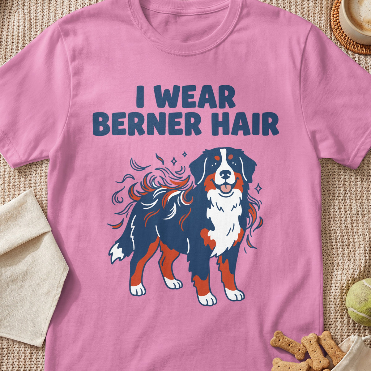 Bernese Mountain Dog illustration with "I Wear Berner Hair" text on a pink t-shirt.