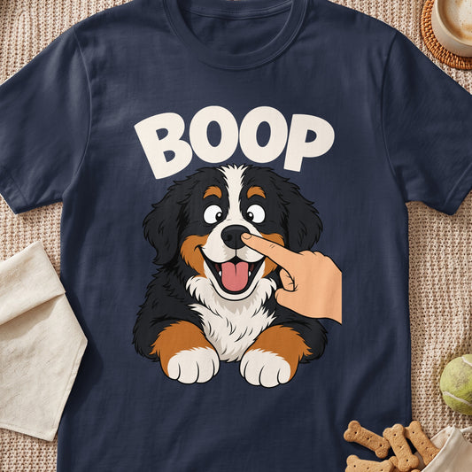 Cartoon Bernese Mountain Dog with finger booping its nose and the word "BOOP".