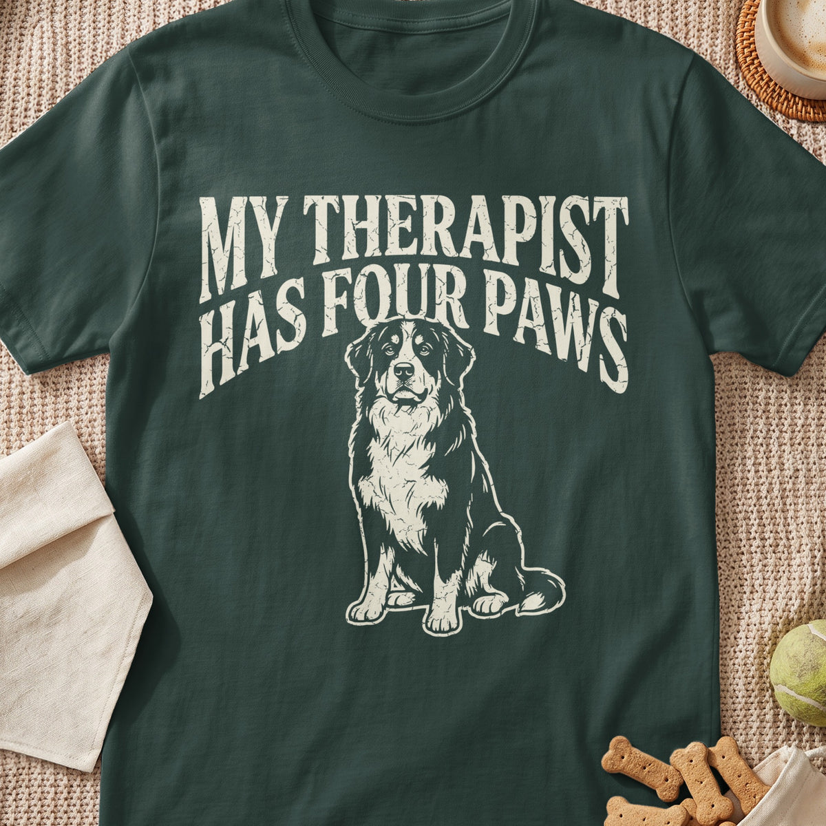 Dark green t-shirt with distressed graphic of a dog and text "MY THERAPIST HAS FOUR PAWS".