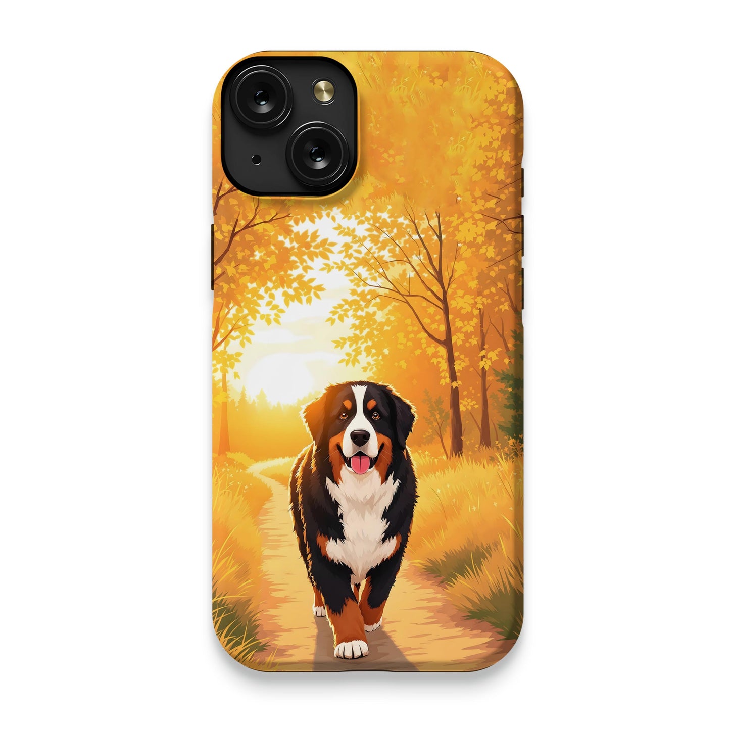 Scenic Sunset Walk with Bernese Mountain Dog Phone Case