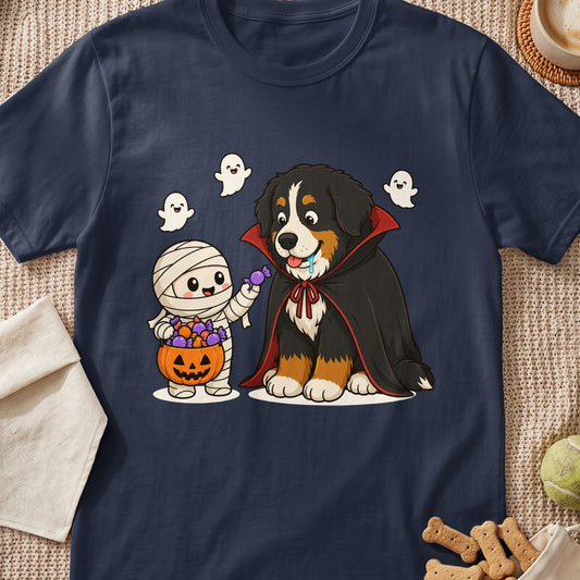 Bernese Mountain Dog dressed as a vampire offers candy to a mummy character with ghosts.