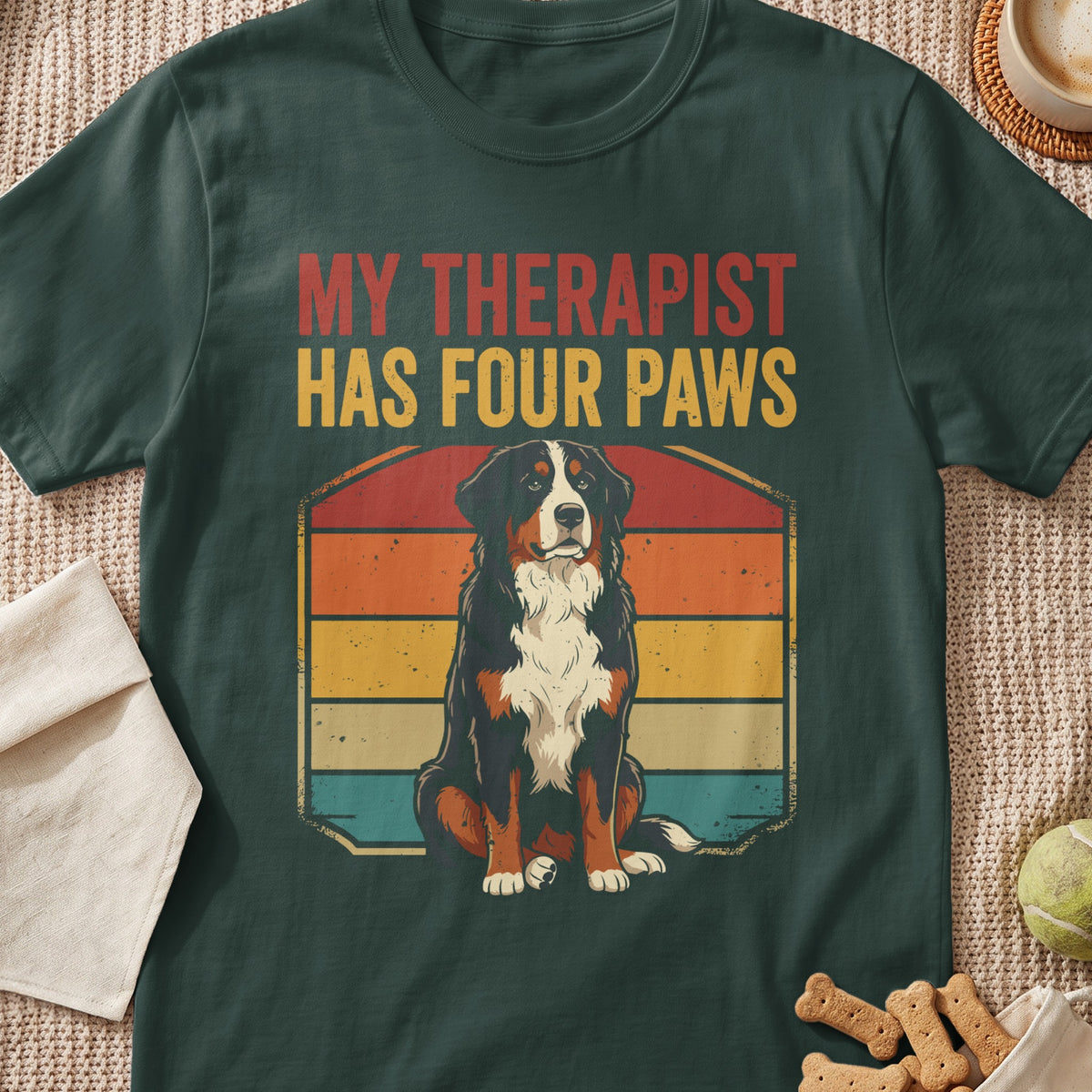 Bernese Mountain Dog with text "My Therapist Has Four Paws".
