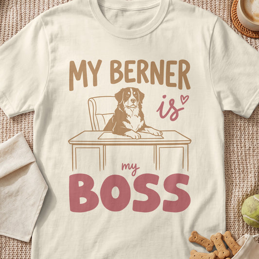 Bernese Mountain Dog sitting at a desk with text "MY BERNER is my BOSS".