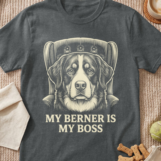 Bernese Mountain Dog portrait with text "MY BERNER IS MY BOSS".