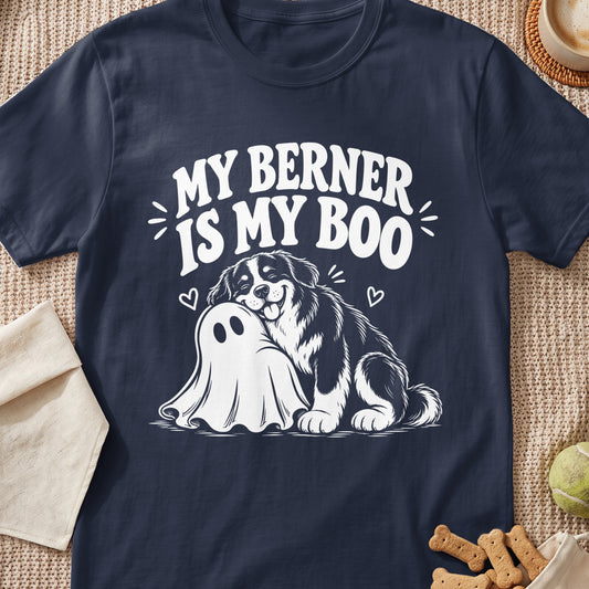 Bernese Mountain Dog hugs a ghost with text "MY BERNER IS MY BOO".
