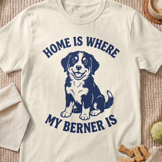Cream t-shirt with navy text and a smiling Bernese Mountain Dog graphic.
