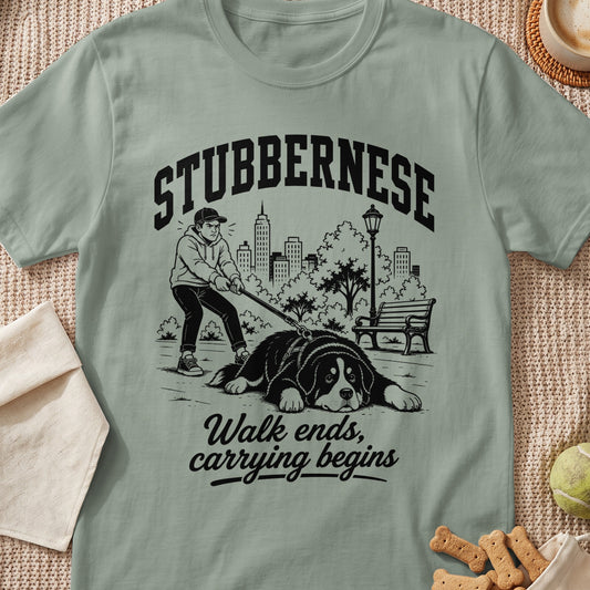 Stubbernese text with illustration of a person struggling to walk a large dog.