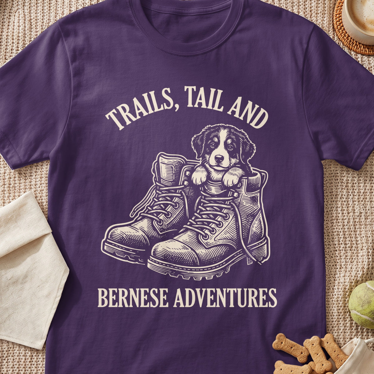 Purple t-shirt with graphic of puppy in boots and text "Trails, Tail and Bernese Adventures".