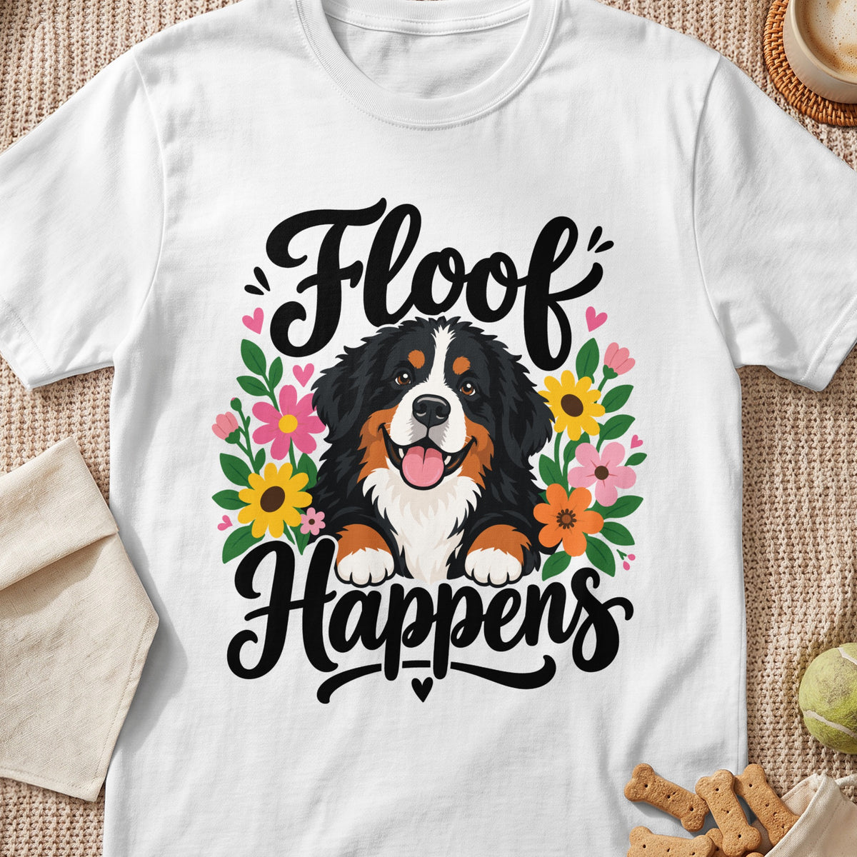 Bernese Mountain Dog graphic on white t-shirt with "Floof Happens" text and flowers.