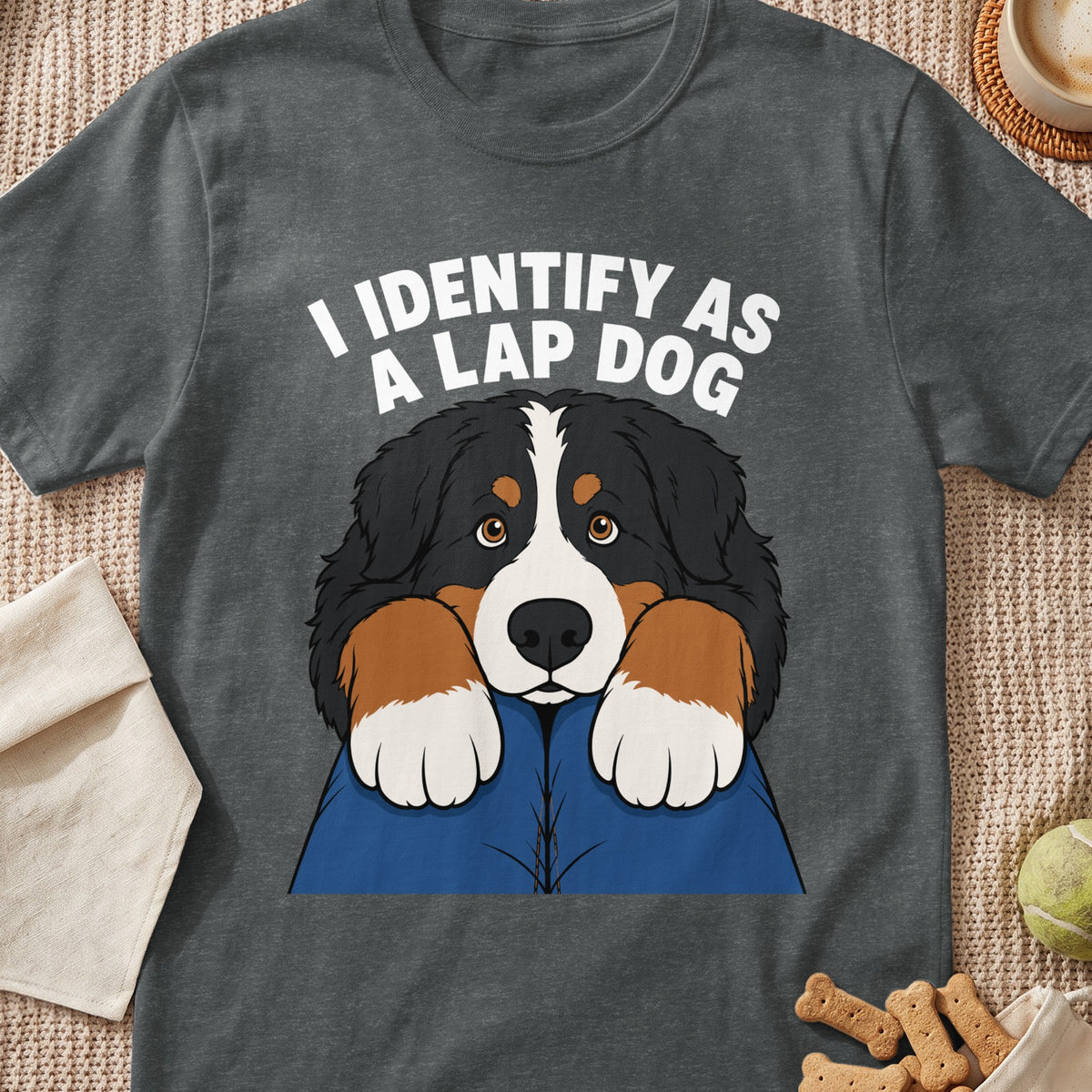 Bernese Mountain Dog graphic with text "I IDENTIFY AS A LAP DOG" on dark t-shirt.