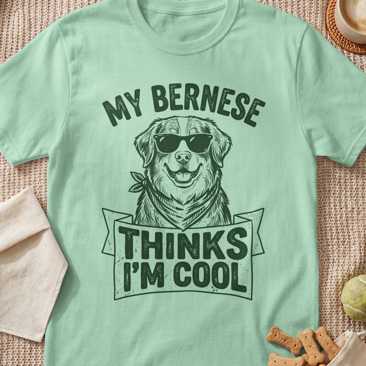 Mint t-shirt with graphic of Bernese dog wearing sunglasses and bandana, text says "MY BERNESE THINKS I'M COOL".