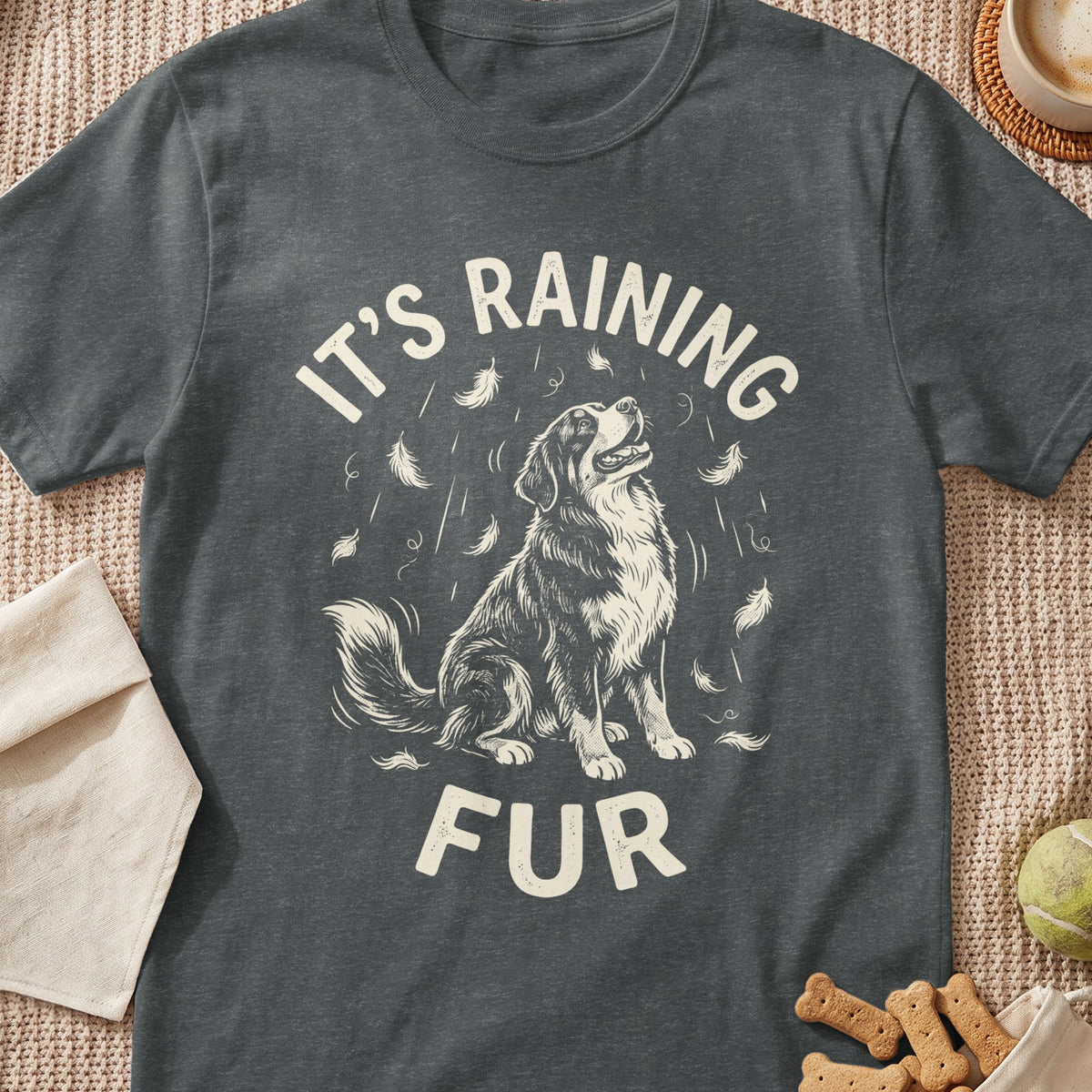 Dark gray t-shirt with "It's Raining Fur" graphic and a seated dog.