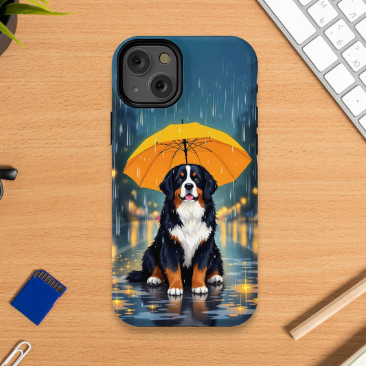 Dog with Yellow Umbrella on a Rainy Day Phone Case product