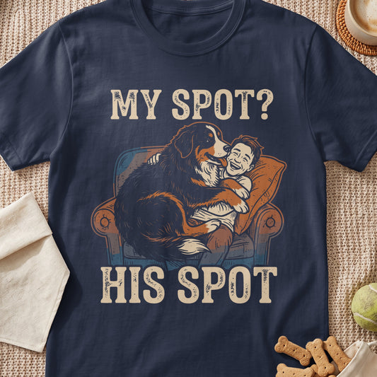 Bernese Mountain Dog hugging a smiling child on a couch, text "MY SPOT? HIS SPOT".