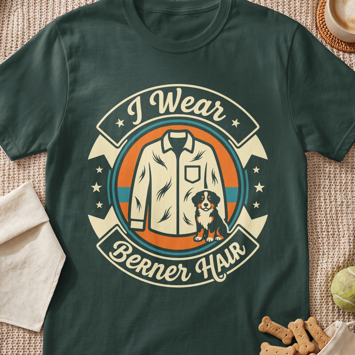 Shirt graphic with a white shirt, Bernese Mountain Dog, and text "I Wear Berner Hair."