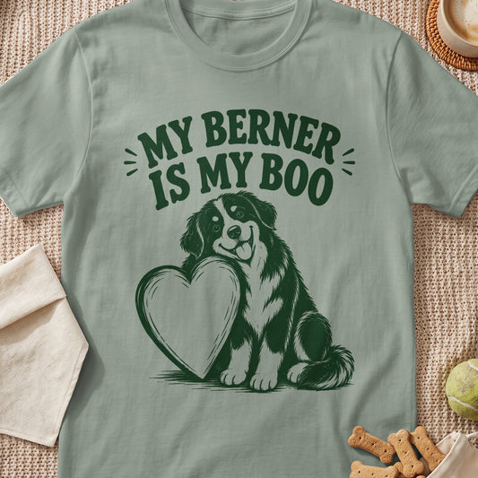 Green t-shirt with dark green text "MY BERNER IS MY BOO" and a drawing of a Bernese Mountain Dog.