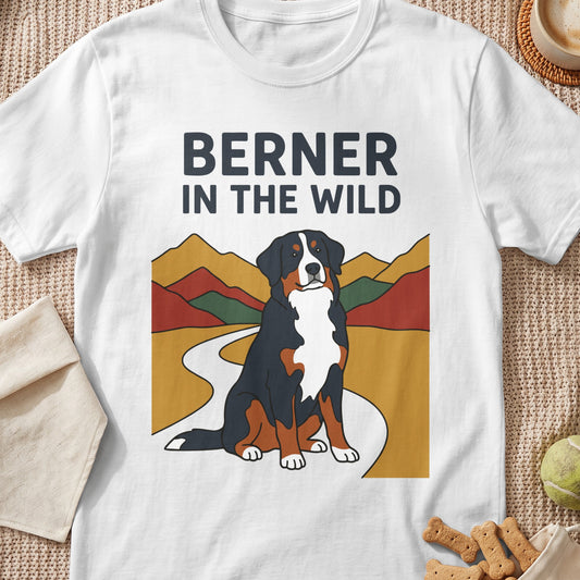 White t-shirt with "BERNER IN THE WILD" text and Bernese Mountain Dog graphic.