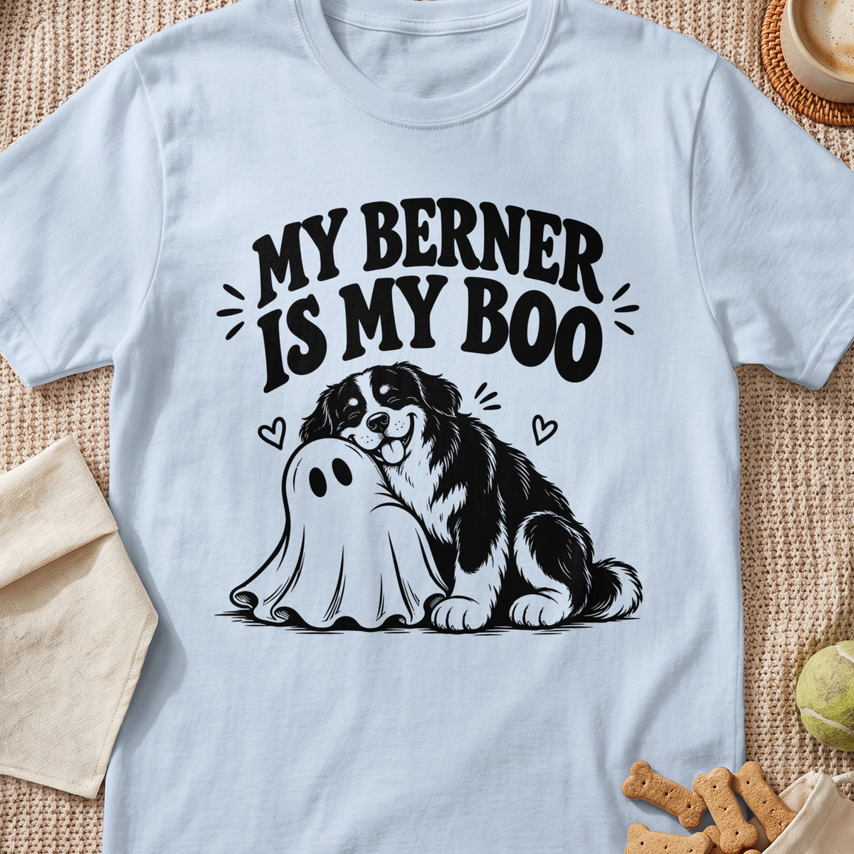 Berner dog hugging a ghost with text "MY BERNER IS MY BOO".