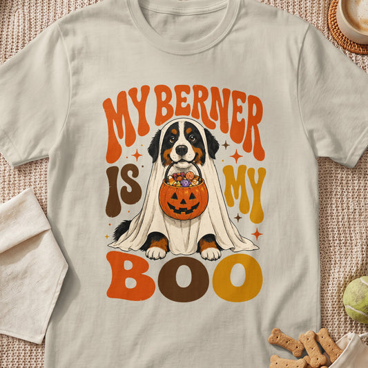 Bernese Mountain Dog ghost with candy and "My Berner is my Boo" text.